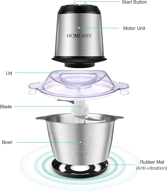 Meat Grinder Electric, Food Processor 2L Stainless Steel Meat Blender Food Chopper for Meat, Vegetables, Fruits and Nuts with 4 Sharp Blades, 350W, 8 Cups