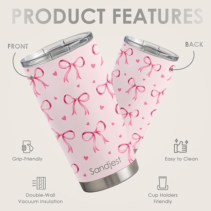 SANDJEST Bow Tumbler 20oz Stainless Steel Insulated, Travel Coffee Cup, Bow Gifts for Women Girls Teen, Birthday Christmas