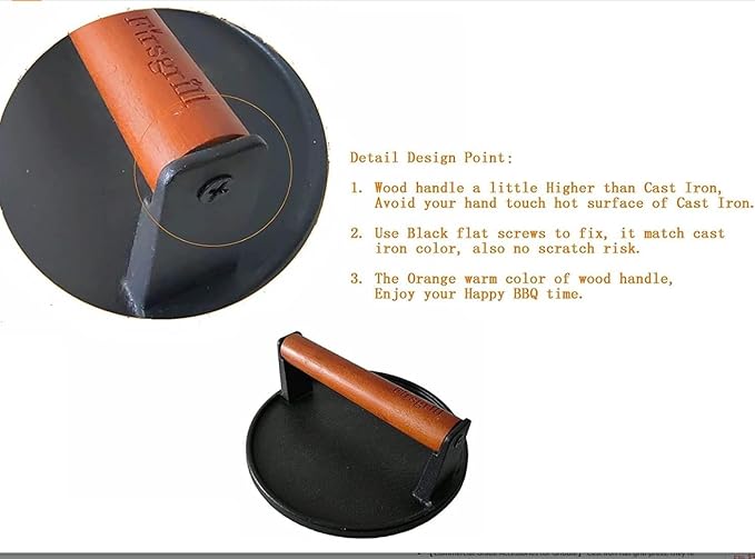Firsgrill Burger Press 6.6" Round Heavy-Duty Cast Iron Smash Meat Steak with Wood Handle for Blackstone Weber Treager Griddle Grills (YPX) (Flate 6.5" Round & 4.3X8.3 Rectangle)