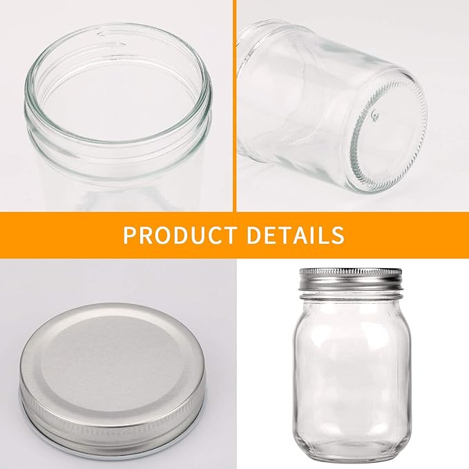 Accguan 16Pack 16oz Glass Mason Jars with Regular Airtight Lids, Clear Glass Jars Ideal for Canning, Pickling, Meal Prep, Jam, Honey, DIY Shower/Wedding Favors, Labels & Pen Included,Pint Canning Jars
