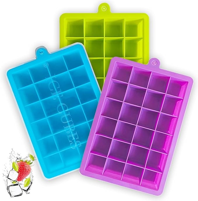 Ice Cube Tray 3 Pack, Silicone Ice Tray with Removable Lid, Easy Release Crushed Ice Trays for Freezer, Stackable 24-Cavity Flexible Ice Cube Molds for Cocktail Whiskey