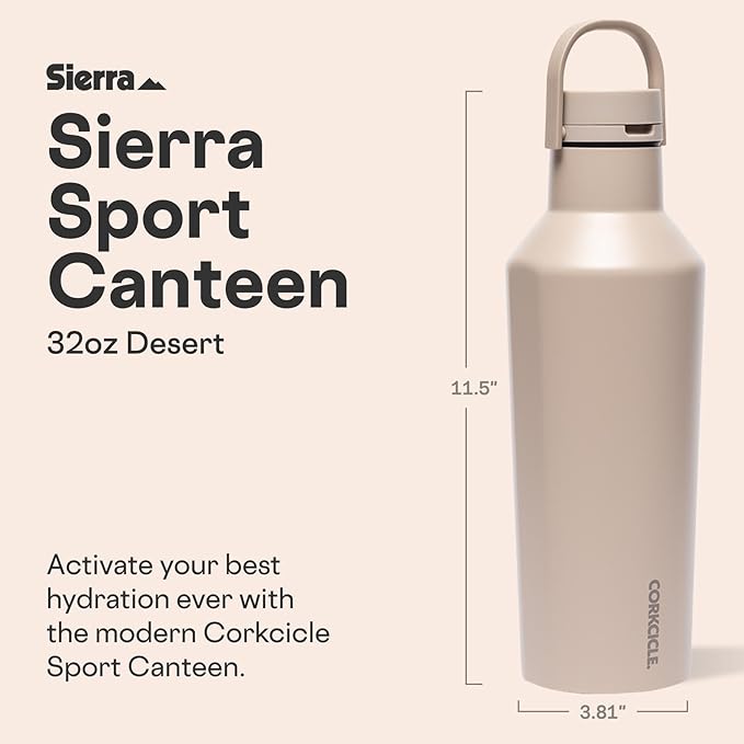 Corkcicle Classic Sport Canteen Insulated Water Bottle - Keeps Beverages Cold 25 Hours - Triple Insulated - Summer Drinkware Gift - Keeps Drinks Ice Cold - Leak-Proof Cap - 32 oz - Desert