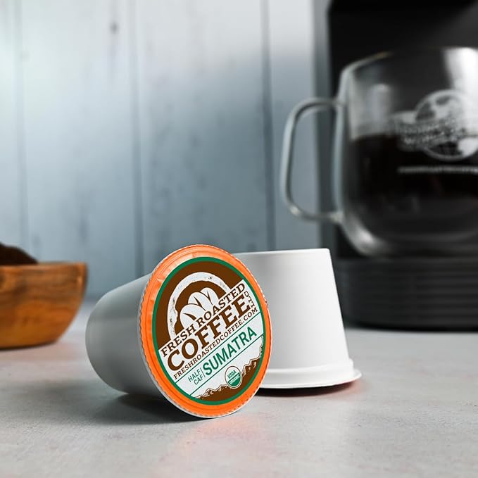 Fresh Roasted Coffee, Organic Water-Processed Half-Caf Variety Pack | USDA Organic, Kosher | K-Cup Compatible, 96 Pods
