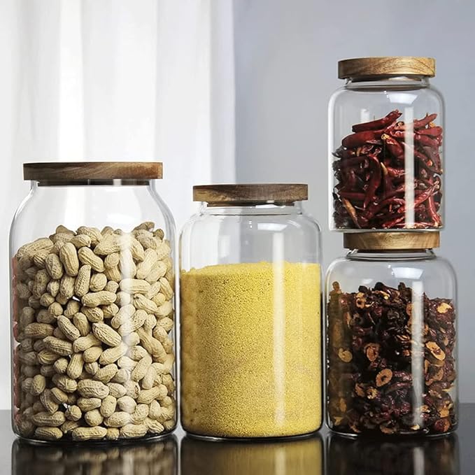 Large Glass Jars with Airtight Wooden Lid, Food Storage Glass Canister, Clear Cereal Storage Container for Flour, Sugar, Coffee Beans, Snack (1 Gallon (4000ml))