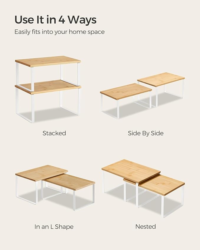 SONGMICS Cabinet Organizer Shelf, Set of 2 Kitchen Counter Shelves, Kitchen Storage, Spice Rack, Stackable, Expandable, Metal and Engineered Wood, Cloud White and Natural Beige UKCS02NW