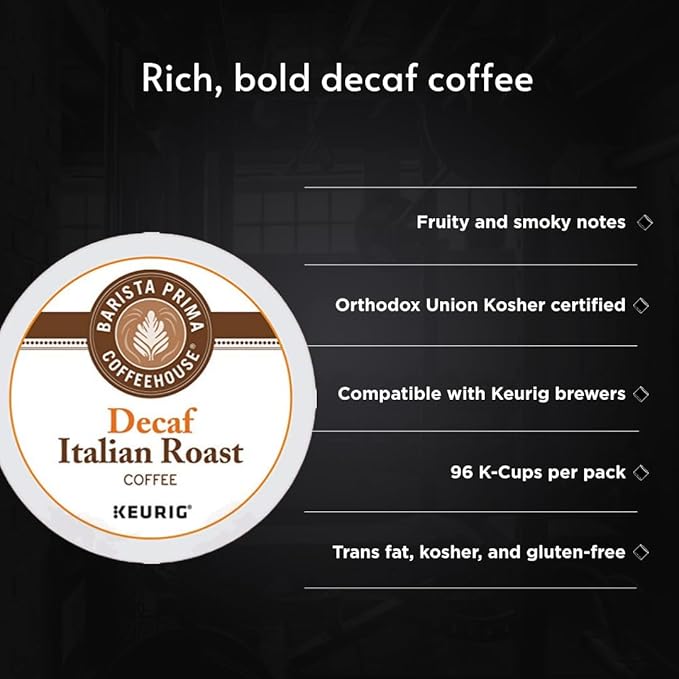 Barista Prima Coffeehouse Dark Roast Extra Bold K-Cup for Keurig Brewers, Decaf Italian Roast Coffee,4 pack of 24 cups each (96 count)