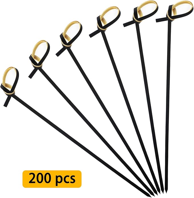 BLUE TOP Bamboo Cocktail Picks 200 PCS Black Bamboo Skewers 4 Inch with Looped Knot, Food Picks,Party Toothpicks for Appetizers,Cocktail Drinks,Barbecue Snacks,Club Sandwiches.