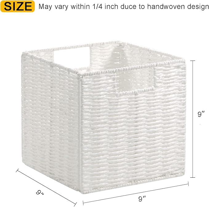 Vagusicc Wicker Storage Basket, Set of 2 Hand-Woven Storage Baskets for Organizing, White Foldable Cube Storage Bins Organizer, 9 x 9 Inch Square Wicker Storage Baskets for Shelves Pantry Decor