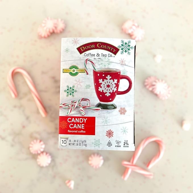 Door County Coffee Candy Cane Holiday Flavored Ground - 10 Count Single Serve Cups - Medium Roast - 100% Specialty Arabica - Flavored Gourmet - Peppermint Flavored
