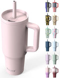 TILUCK 40 oz Tumbler with Handle, Vacuum Insulated Stainless Steel Travel Mug with 100% Leak-Proof Silicone Straw Lid, Cupholder Friendly Water Bottle(LightPink, 40oz)
