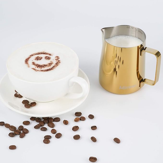 Milk Frothing Pitcher, 350ml (12oz) Steaming Pitchers Stainless Steel Milk Coffee Cappuccino Latte Art Barista Steam Pitchers Milk Jug Cup with Decorating Art Pen, Gold