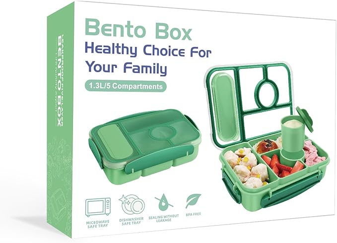Bento Box Adult Lunch Box Kids,Lunch Containers for Adults/Kids/Toddler,5 Compartments Bento Lunch Box with Sauce Vontainers,Microwave & Dishwasher & Freezer Safe,BPA-Free(Green)