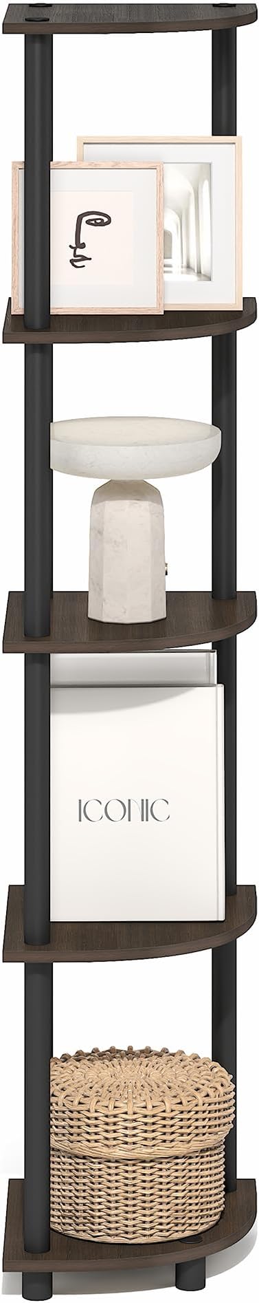 Furinno Turn-N-Tube Corner Shelf, 5-Tier Corner Bookshelf, Open Storage Shelves, for Organization and Storage, Living Room, Home Office, Garage, Bedroom, Brown Grain