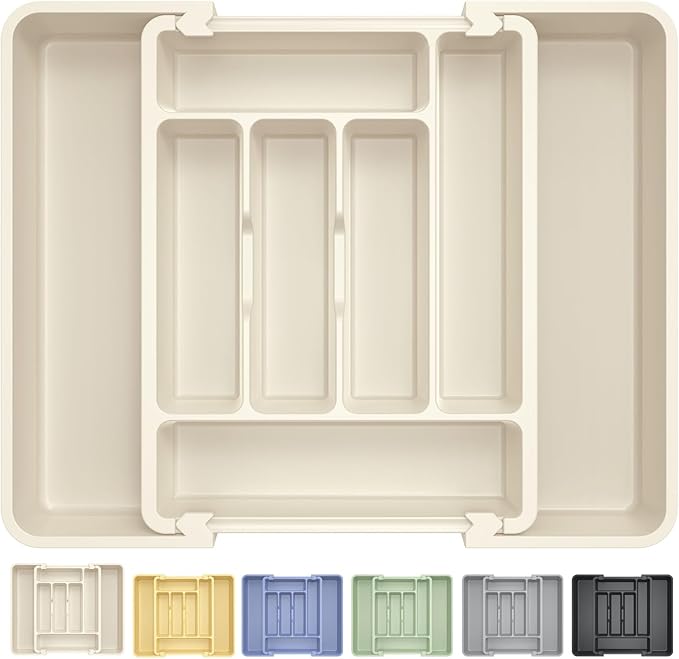 Caperci Large Silverware Organizer for Kitchen Drawer & Utensils - Expandable Drawer Organizer for Cutlery, Flatware & Gadget, BPA-Free Thick Plastic, Wider Compartments & Non-skid Feet (Tofu)