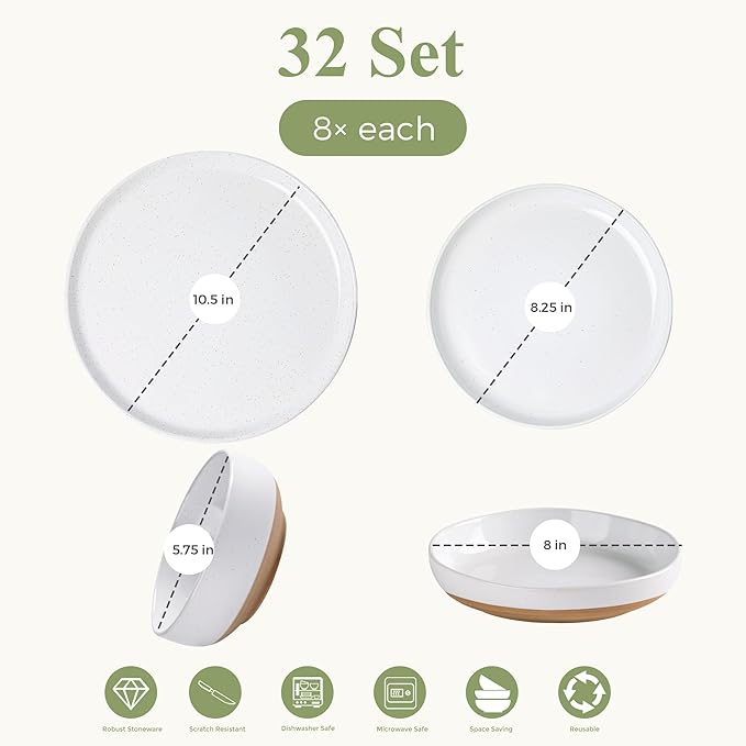AmorArc Ceramic Dinnerware Sets with Pasta Bowls for 8, Handpainted Plates and Bowls Set with Rustic Terracotta Underside, Scratch Resistant Dishes Set, Dishwasher & Microwave Safe, 32 Pcs