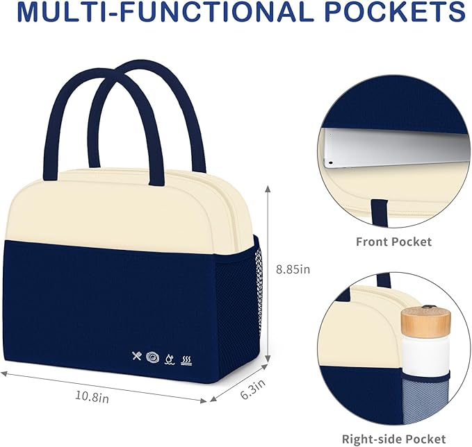 DALINDA Lunch Bag Women, Lunch Box for Women Men Reusable Insulated Lunch Tote Bag, Handbags Case High Capacity for Travel Work Picnic,white blue
