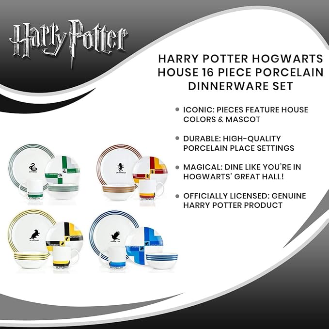 Harry Potter Hogwarts House Porcelain 16 piece Dinnerware Set - Includes 4 Dinner Plates, 4 Salad Plates, 4 Bowls and 4 Mugs - Gryffindor, Hufflepuff, Ravenclaw and Slytherin