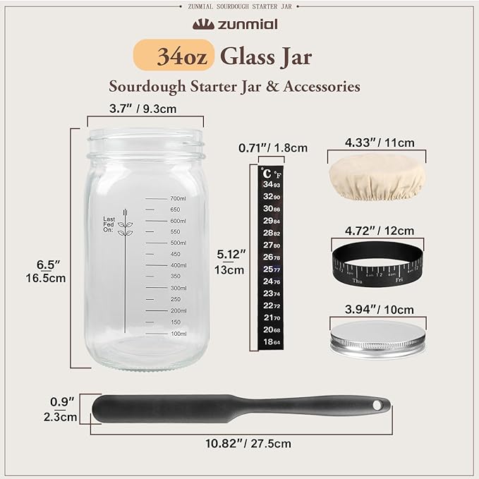 Sourdough Starter Jar, 34OZ Sourdough Starter Kit with Date Marked Feeding Band, Thermometer Cloth Cover, Metal Lid, Reusable Sourdough Bread Baking Supplies, Home Baking Gifts