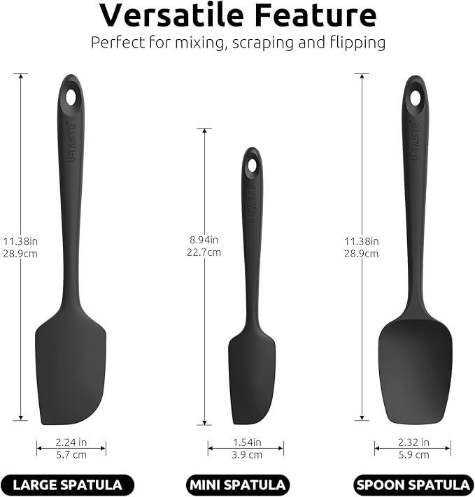 U-Taste Silicone Baking Spatula Set: 480ºF High Heat Resistant, Food Grade Flexible Rubber Kitchen Cooking Mixing Scraper, Food Grade Seamless Utensil for Nonstick Cookware Set of 3 (Black)