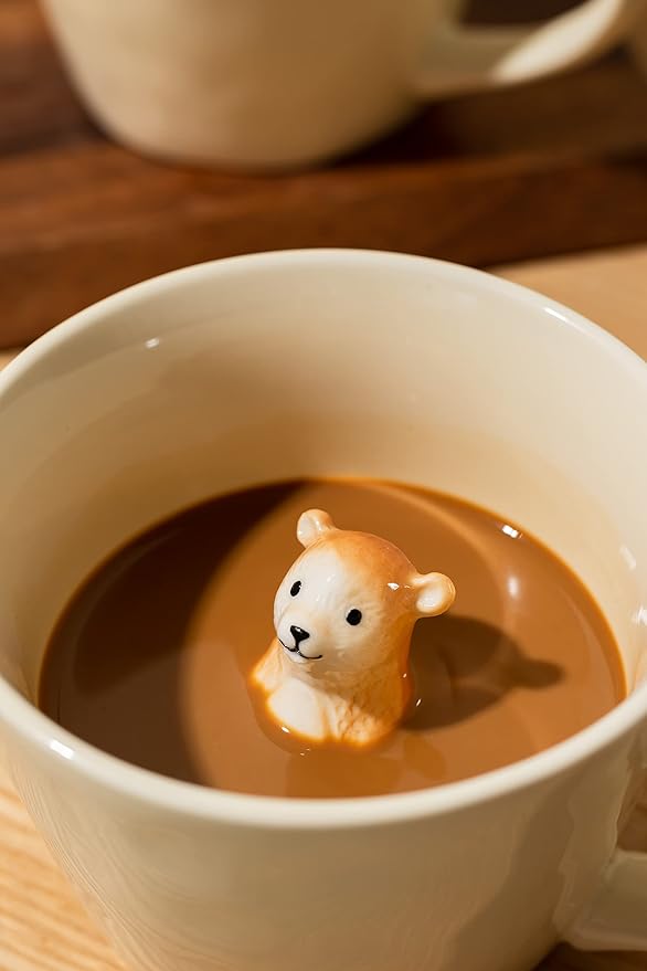 DIHOclub Bear Ceramic Cup Hidden 3D Animal Inside Mug,Cute Cartoon Handmade Figurine Mugs,Holiday and Birthday Gift for Coffee Milk Tea Lovers,12 OZ(Cream Color)