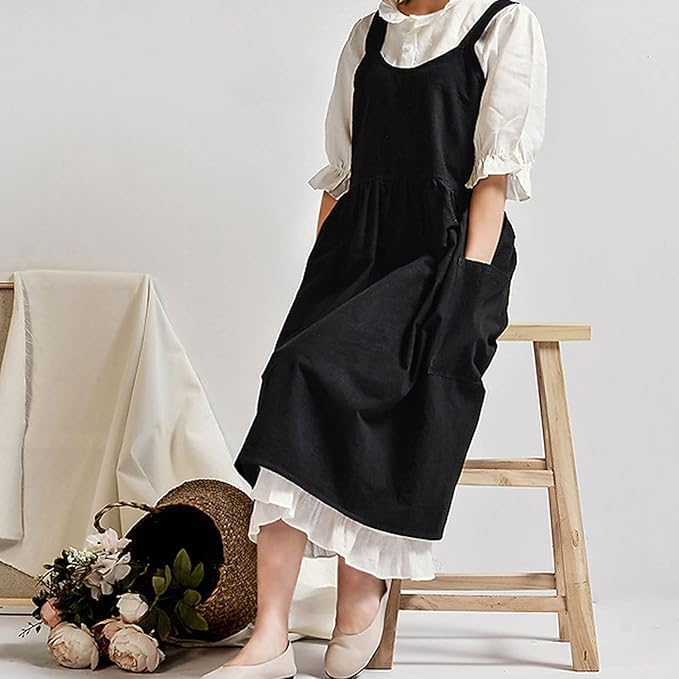 Uaussi Cotton Linen Apron Cross Back Work Apron for Women with Pockets Pinafore Dress X Cross Halter Apron for Chef Gardening