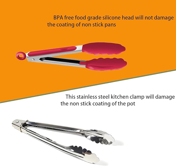 Kitchen Tongs with Silicone Tips,Tongs for Cooking Heat Resistant 600 Degrees Stainless Steel Locking Tongs,Red Set of 3-7", 9" and 12"