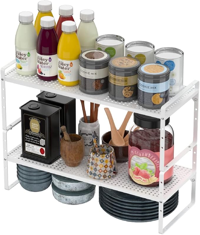Expandable Cabinet Shelf Organizer, Stackable Pantry Cabinet Counter Under Sink Shelves Inside Cabinet Storage for Kitchen Bathroom Office, 2 Packs, White