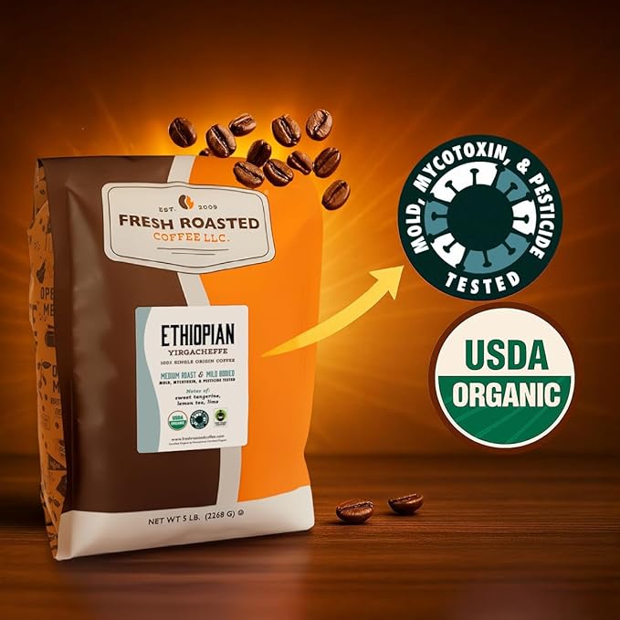 Fresh Roasted Coffee, Organic Ethiopian Yirgacheffe | USDA Organic, Kosher, 3rd Party Tested for Mold, Myco, Pesticides | 12 oz Whole Bean