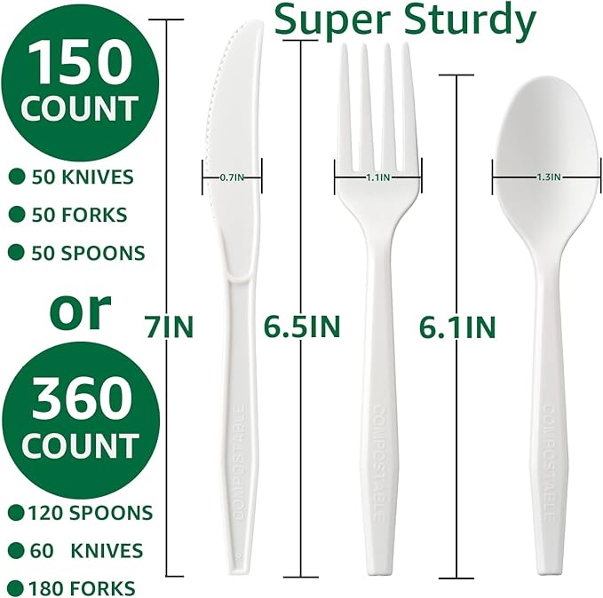 100%Compostable No Plastic Knives Disposable Forks Spoons Plastic Utensils, The Heavyweight Heavy Duty Flatware is Eco Friendly Products for Lounge Party Wedding BBQ Picnic Camping [150 Count]