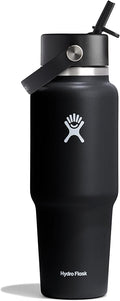 Hydro Flask Travel Water Bottle - Insulated Stainless Steel - Wide Straw Lid, Non Spill, Leakproof in 32 Oz Black