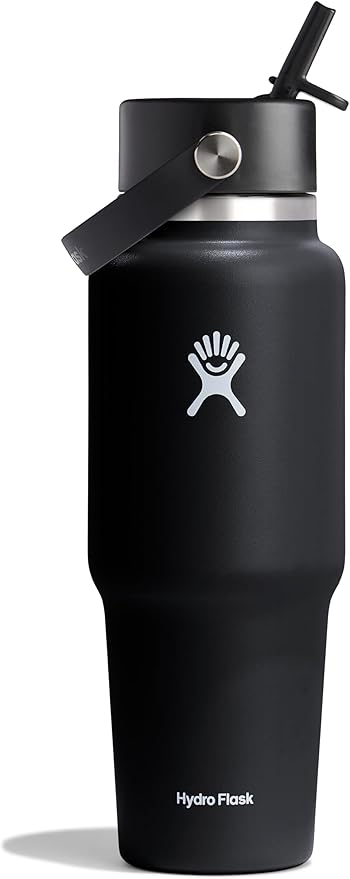 Hydro Flask Travel Water Bottle - Insulated Stainless Steel - Wide Straw Lid, Non Spill, Leakproof in 32 Oz Black