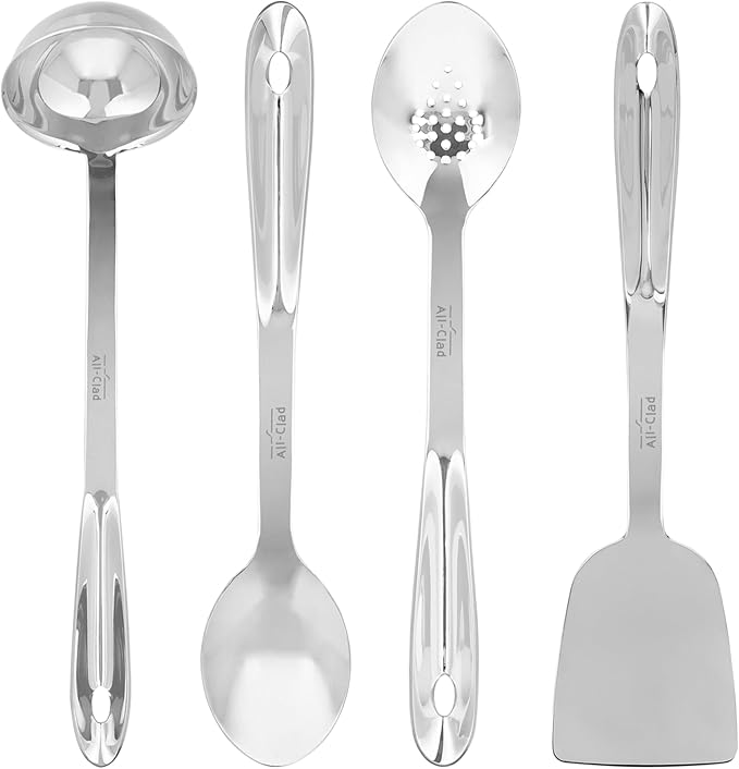 All-Clad 5-Piece Stainless Steel Kitchen Utensil Set – Includes Ladle, Solid Spoon, Slotted Spoon, Turner & Storage Caddy – Heavy-Gauge, Ergonomic, Dishwasher Safe, Silver