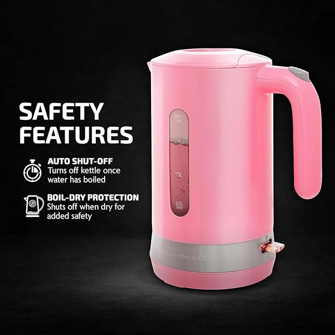OVENTE 1.8L Electric Kettle, 1500W Fast Boiling Heater for Coffee or Tea, BPA Free, Easy to Fill Lid, Water Level Window, Auto Shut-Off, Boil-Dry Protection and Removable Filter, Pink KP413P