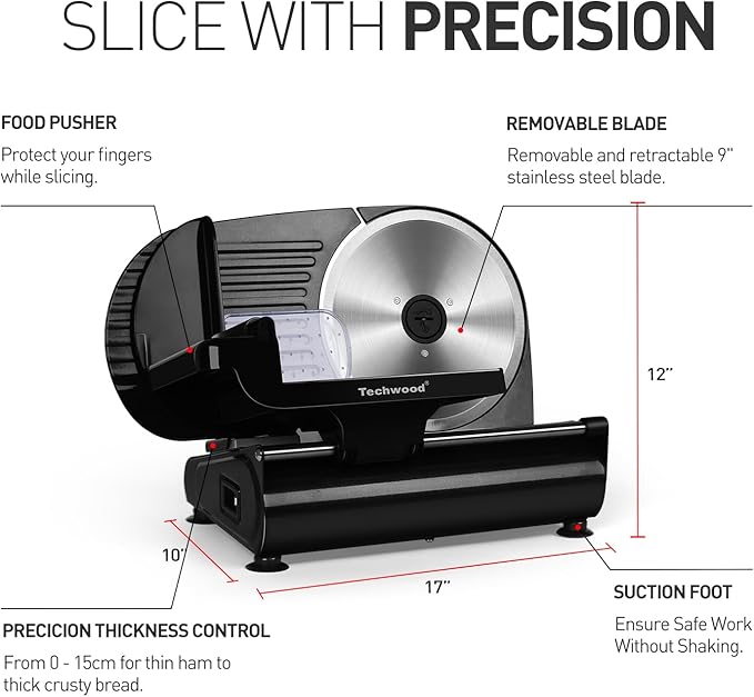 Meat Slicer, Techwood 200W Electric Food Slicer with Removable 9” Stainless Steel Blade, Deli Fruit Vegetable Cutter with Adjustable Knob for Thickness, Food Carriage & Non-Slip Feet, Double Blade