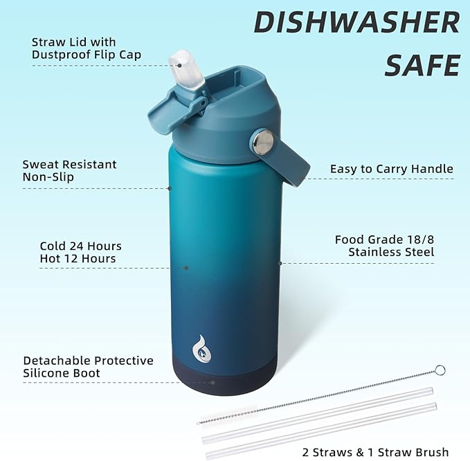 BJPKPK Insulated Water Bottle with Straw Lid, 18oz Thermo Water Bottles with Soft Nozzle, Flex Handle & Non-slip Boot, BPA Free Leak Proof Stainless Steel Metal Thermo, Tumblers, Cups,Vast