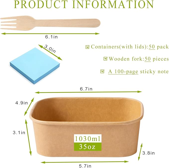 MINCOCO 50 Count Disposable Paper Bowls with Lids Meal Prep Containers 【Includes 50 Wooden Forks + 100 Labels】 Salad Food Containers Freezer & Microwave Safe Leakproof Soup Bowls (35 Ounce, 50-Count)