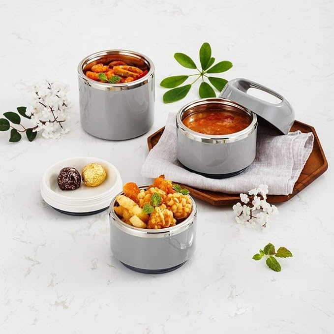 Lille Home Stackable Stainless Steel Thermal Compartment Lunch/Snack Box, 3-Tier Insulated Bento/Food Container with Lunch Bag, Utensils Set and Three Extra Seals, 43OZ (Gray)