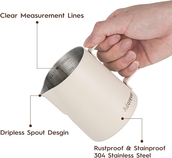 Milk Frothing Pitcher, 350ml/12oz Steaming Pitchers Stainless Steel Milk Coffee Cappuccino Latte Art Barista Steam Pitchers Milk Jug Cup with Decorating Art Pen, Matte White