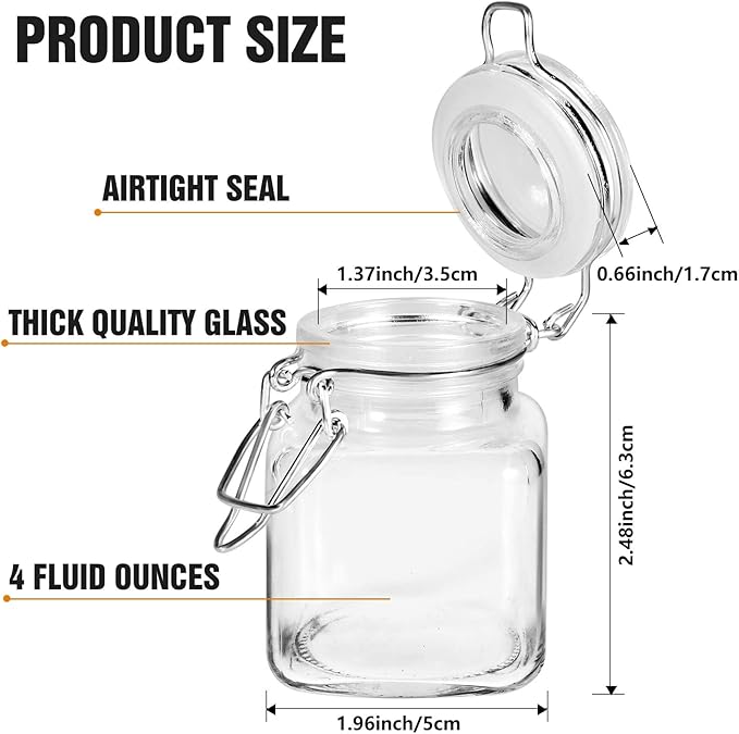 SPANLA Spice Jars, 12 Pack 4oz Small Glass Jars with Airtight Hinged Lid, With 12 Spice Labels & Silicone Funnels, Airtight Glass Jars for Spices, Art Craft Storage (12 Pack)