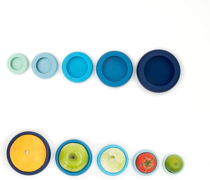 Food Huggers 5pc Reusable Silicone Food Savers | BPA Free & Dishwasher Safe | Fruit & Vegetable Produce Storage for Onion, Tomato, Lemon, Banana, Cans & More | Round, Ice Blue