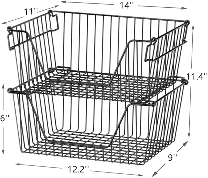 Slideep 14'' Black Stackable Storage Baskets Sturdy Metal Wire Freezer Bins Cabinet Organizer for Pantry Home Kitchen Organization- Set of 6