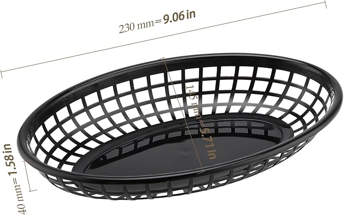 40 Pack 8.9x5.7x1.6 Inch Black Plastic Fast Food Baskets, Restaurant Serving Baskets, Oval Fast Food Serving Tray for Picnic, Deli Serving, Chicken, Burgers and Fries