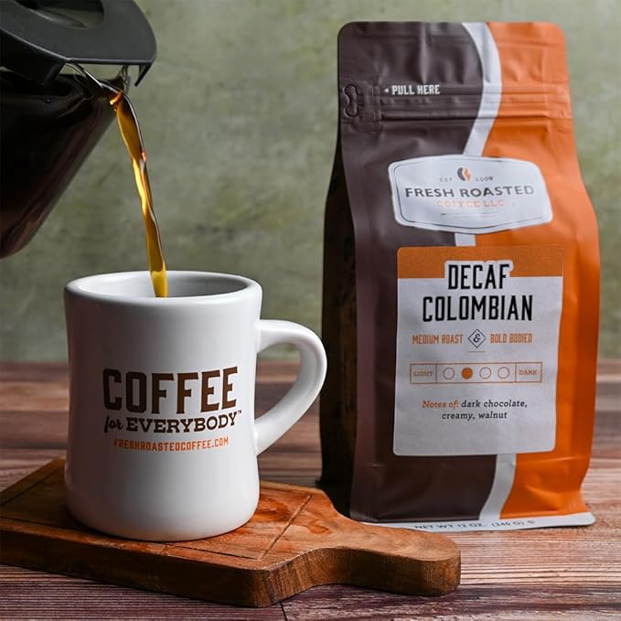 Fresh Roasted Coffee, 100% Colombian Decaf, 12 oz, Medium Roast, Kosher, EA Natural Decaf, Whole Bean