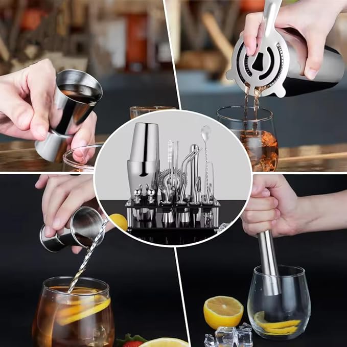 Bartender Cocktail Mixing Kit, Silver Barware Set, Professional Bar Tools with Bottle Opener and Shaker