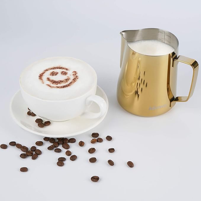 Milk Frothing Pitcher, 600ml (20oz) Steaming Pitchers Stainless Steel Milk Coffee Cappuccino Latte Art Barista Steam Pitchers Milk Jug Cup with Decorating Art Pen, Gold