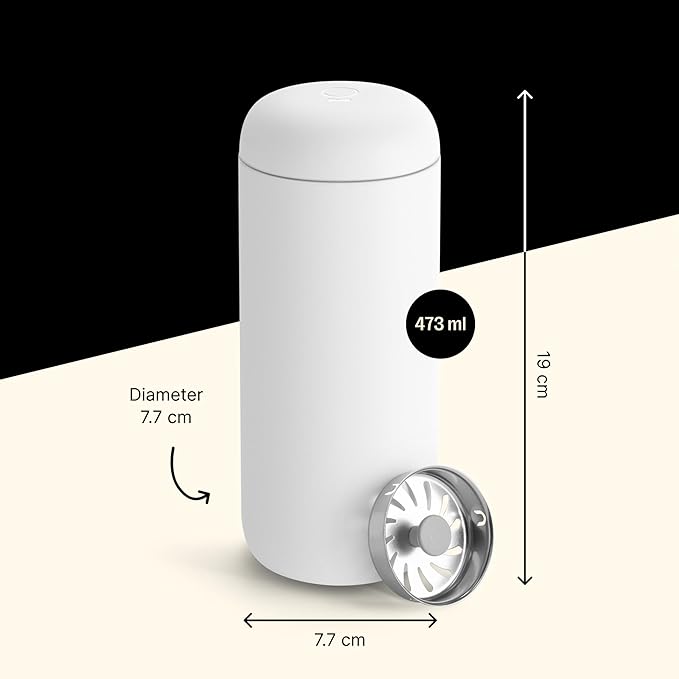 Fellow 16 oz Carter Move Travel Mug - Vacuum-Insulated Stainless Steel Travel Coffee Mug - Coffee Tumbler with Ceramic Interior and Splash Guard - Matte White