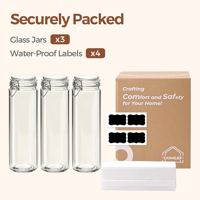 ComSaf 60oz Airtight Glass Jars Set of 3 with Lids Food Storage Jar Round - Tall Spaghetti Container with Clear Preserving Seal Wire Clip Fastening, Pasta jar for Kitchen Canning, Nut,Oat, Dry Goods