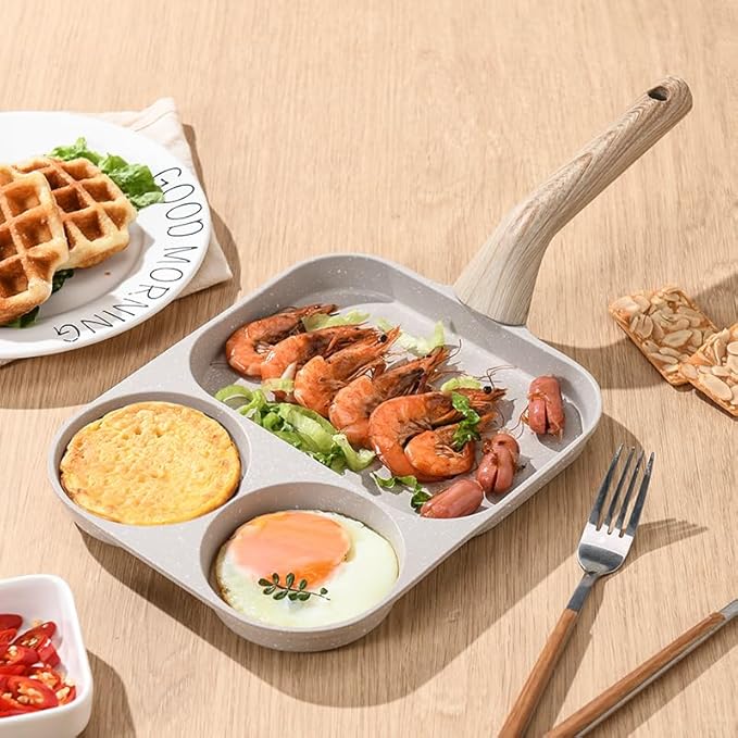 CLANK 3-in-1 Nonstick Omelet Pan with Divided Nonstick Griddle, Multi-Function Breakfast Pan/Pancake Pan for Gas and Induction Cooktops, White Granite Texture
