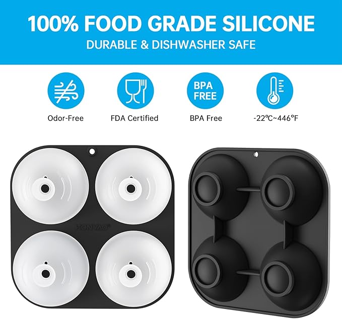 HONYAO Silicone Whiskey Ice Ball Mold - 2.4 Inch Large Ice Cube Trays Molds Silicone with Lids - Ice Sphere Maker for Cocktails, Bourbon, Rum - 2 x 4 Iceballs