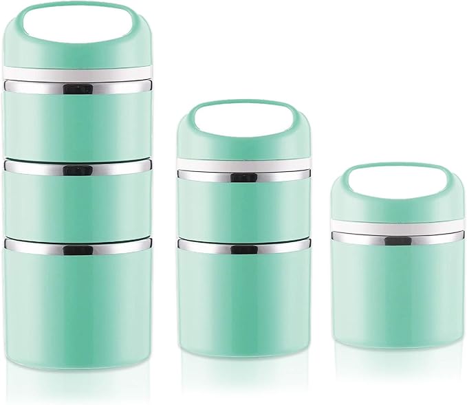 Lille Home Stackable Stainless Steel Thermal Compartment Lunch/Snack Box, 3-Tier Insulated Bento/Food Container with Lunch Bag, Utensils Set and Three Extra Seals, 43OZ